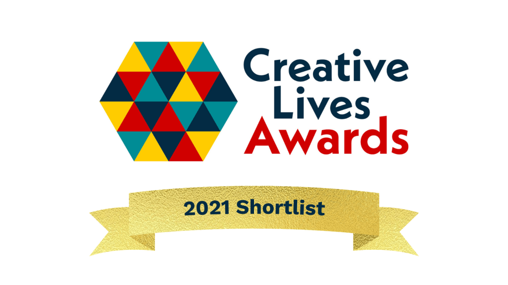 Graphic of  the Creative Lives organisation logo (a hexagon made up of navy blue, turquoise blue, yellow and red triangles) and a banner ribbon sayin 2021 shortlist